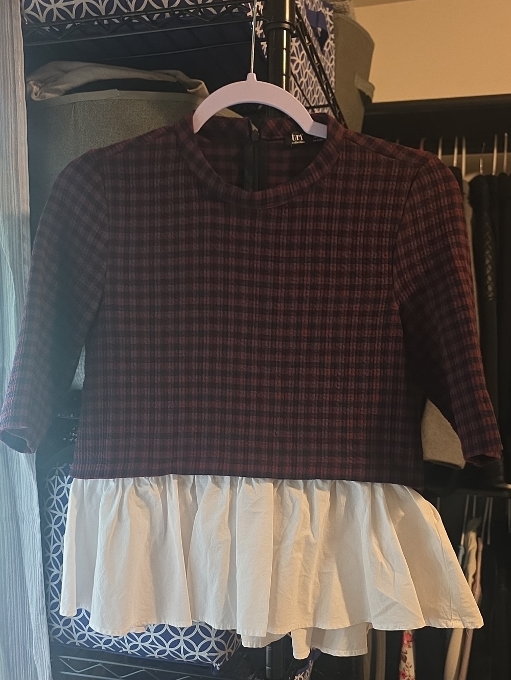 Zara Burgundy and Navy Plaid Dress with White Peplum